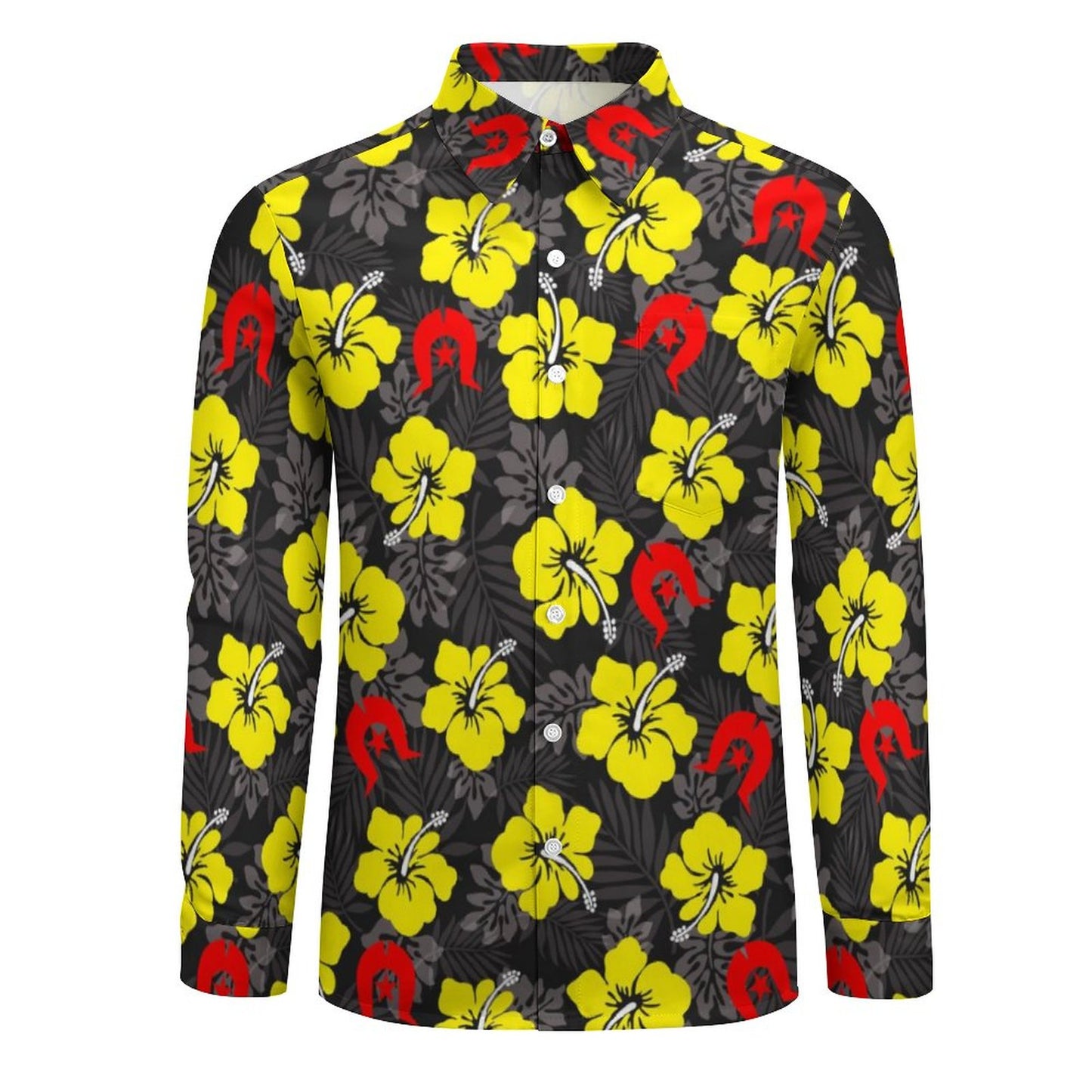 Royal yellow Hibiscus with Red Dhari on Men's Long Sleeve Shirt