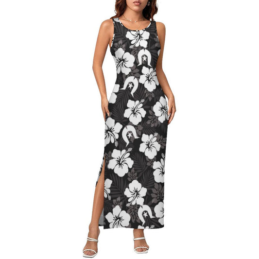 White Hibiscus and Dhari (Black) on 180gsm Slit Fitted Camisole Cheongsam