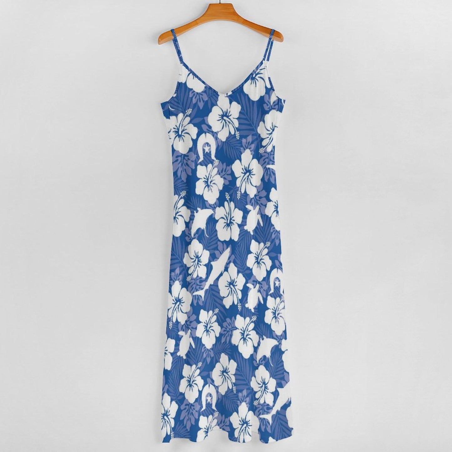 White hibiscus flowers with Dhari, Shark, turtle, and stingray on Ankle-length Slip Dress BDQ