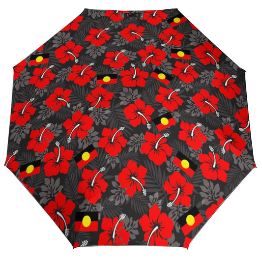 Red Hibiscus with Aboriginal flag on Tri-fold Automatic Umbrella