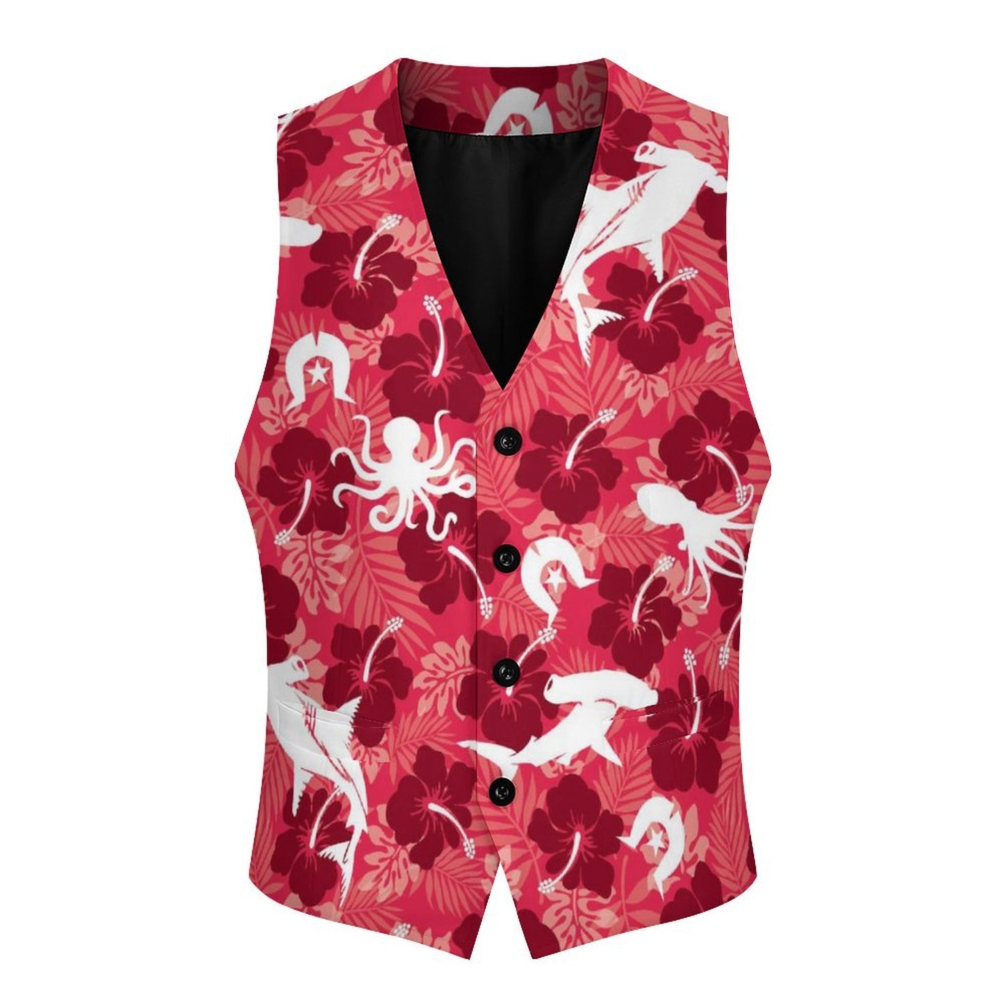 Red Hibiscus with Shark, Octopus and Dhari on Men's Sleeveless Suit Vest