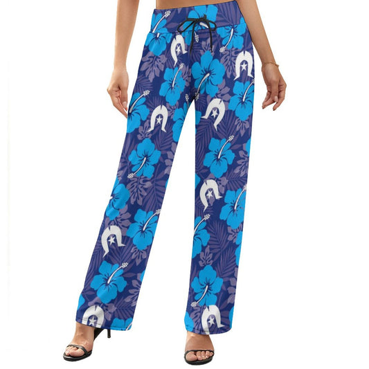 Hibiscus flowers with White Dhari (Royal blue) on Baggy Pants for Women