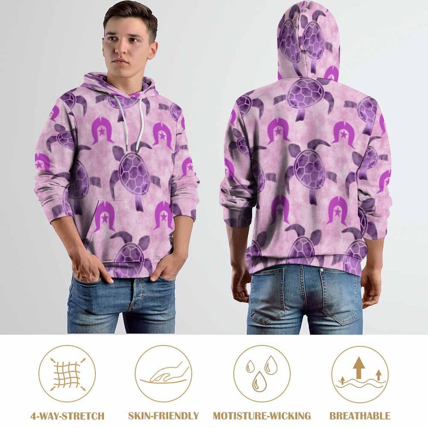 Purple Turtle Pattern on Men's Cool Hoodie with Double-layer Cap