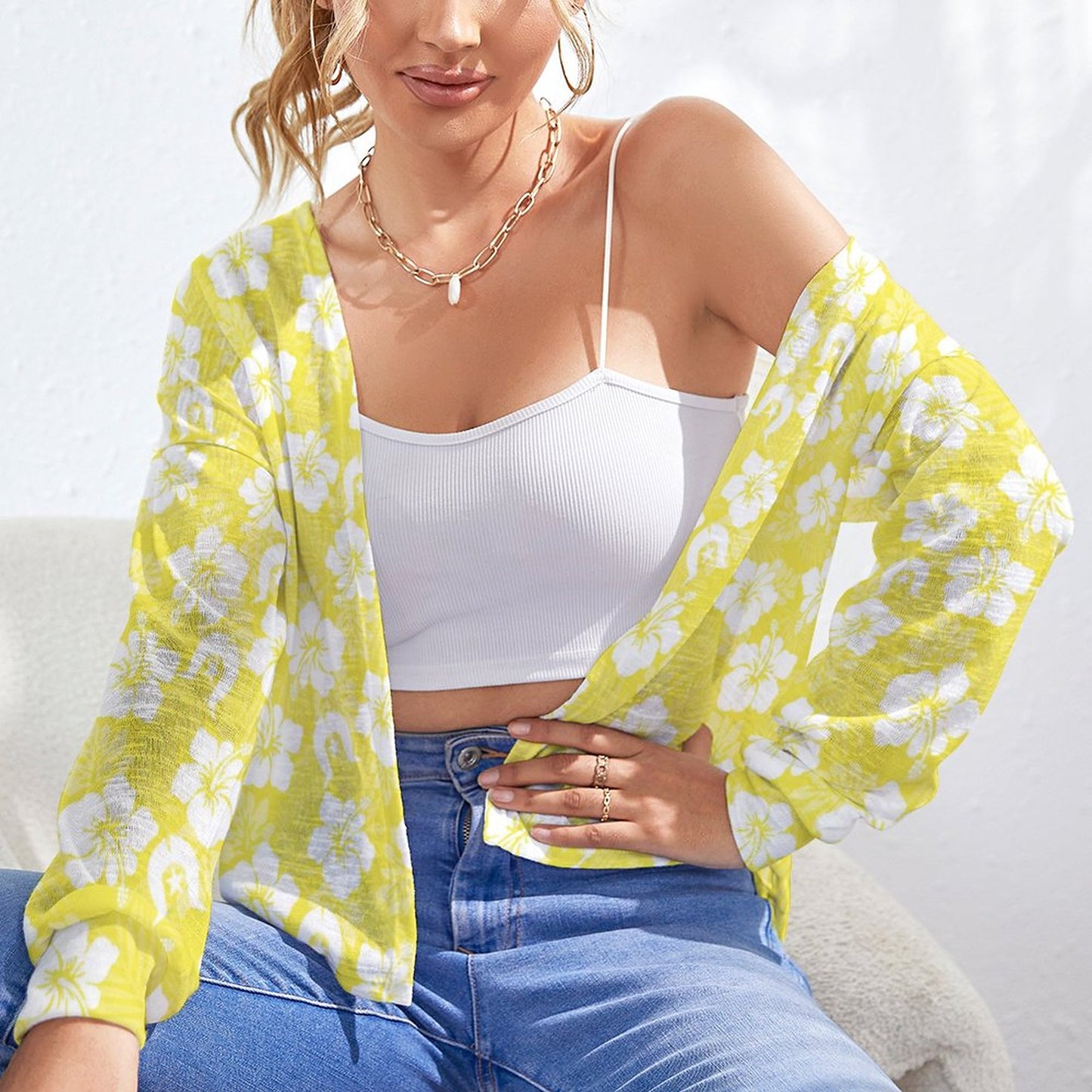 White Hibiscus flowers with Dhari (Yellow) on Long Sleeve Drop Shoulder Open Shirt