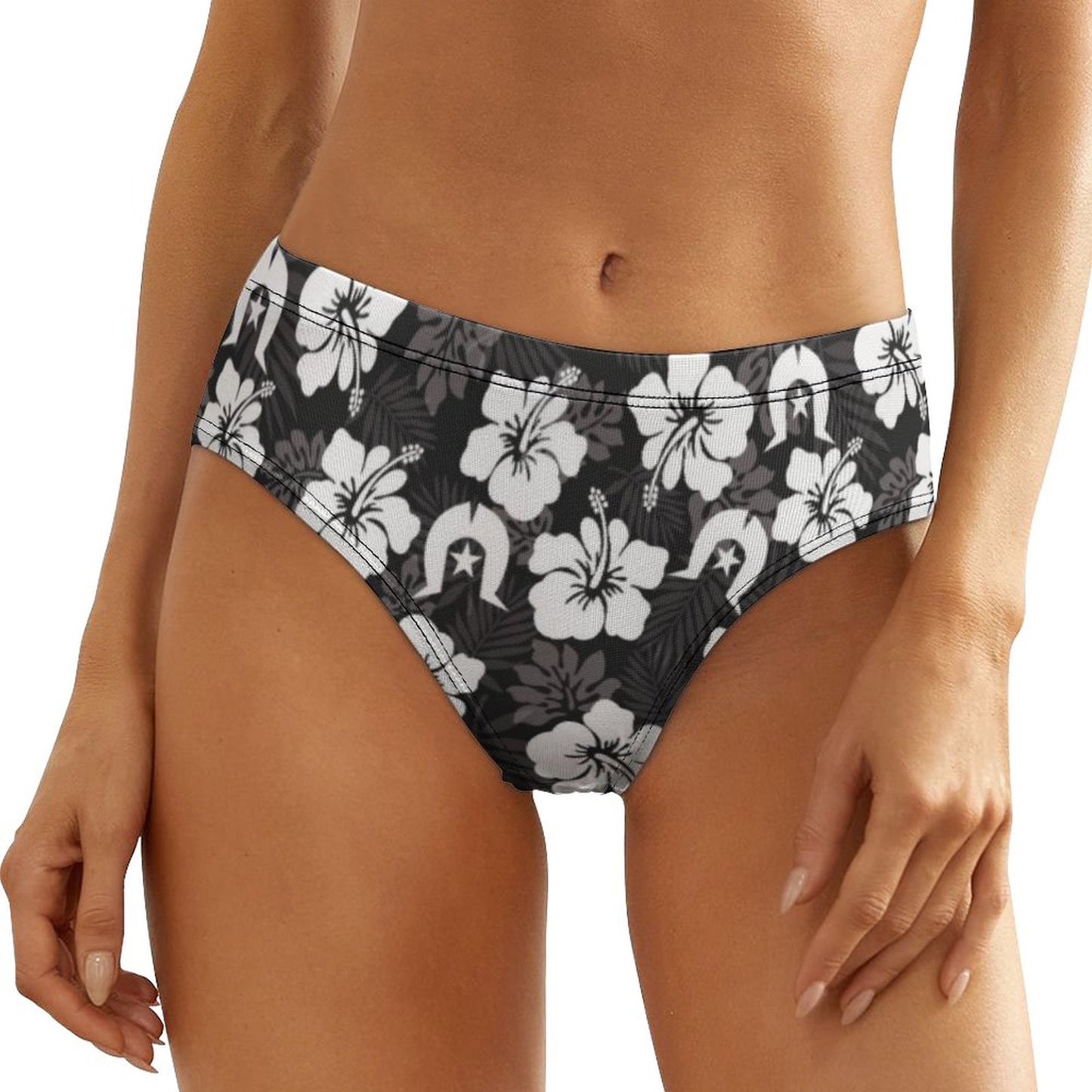White Hibiscus and Dhari (Black) on Women's Low-Rise Panties