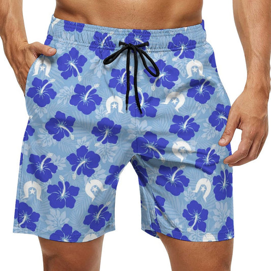 Hibiscus flowers with White Dhari (Sky blue) on Men's Board Shorts