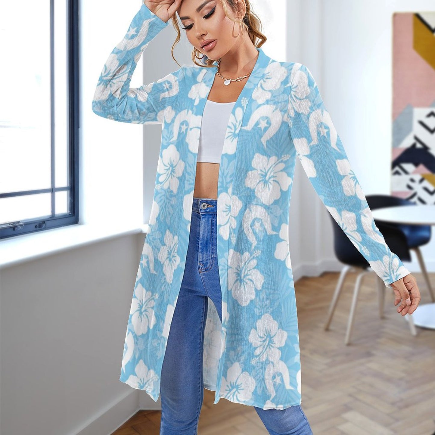 White Hibiscus and Dhari (blue) on Women's Mid-length Cardigan