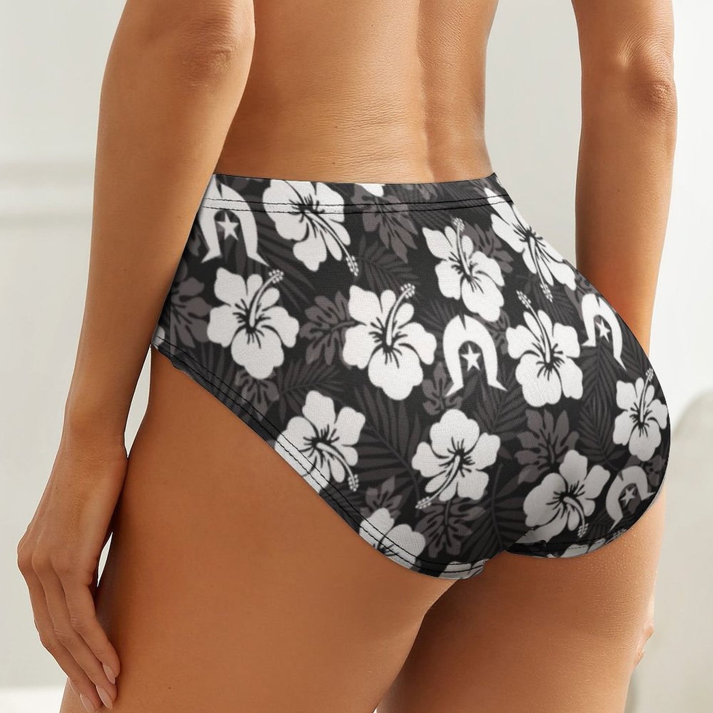White Hibiscus and Dhari (Black) on Women's Low-Rise Panties