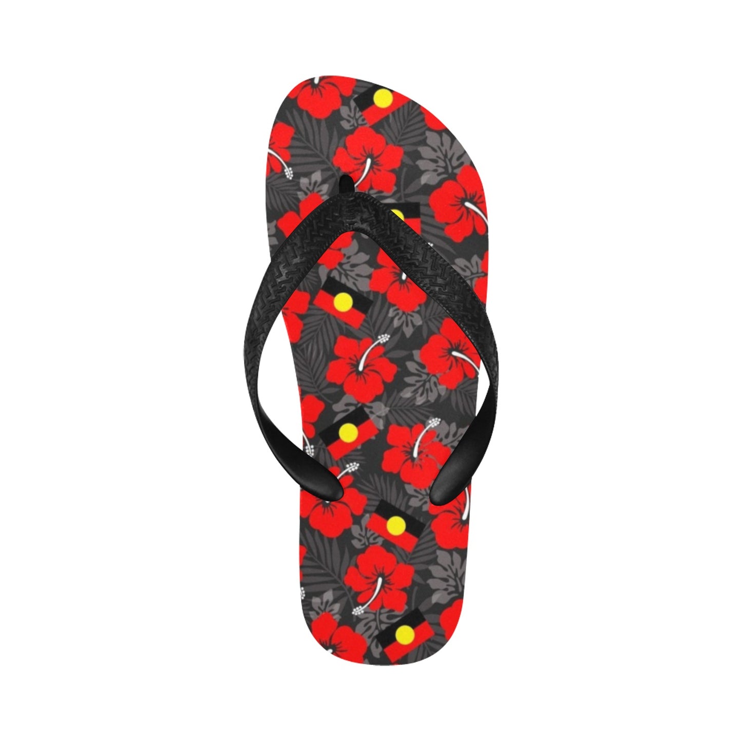 Royal Red Hibiscus and Aboriginal flag on Flip Flops (For both Men and Women)