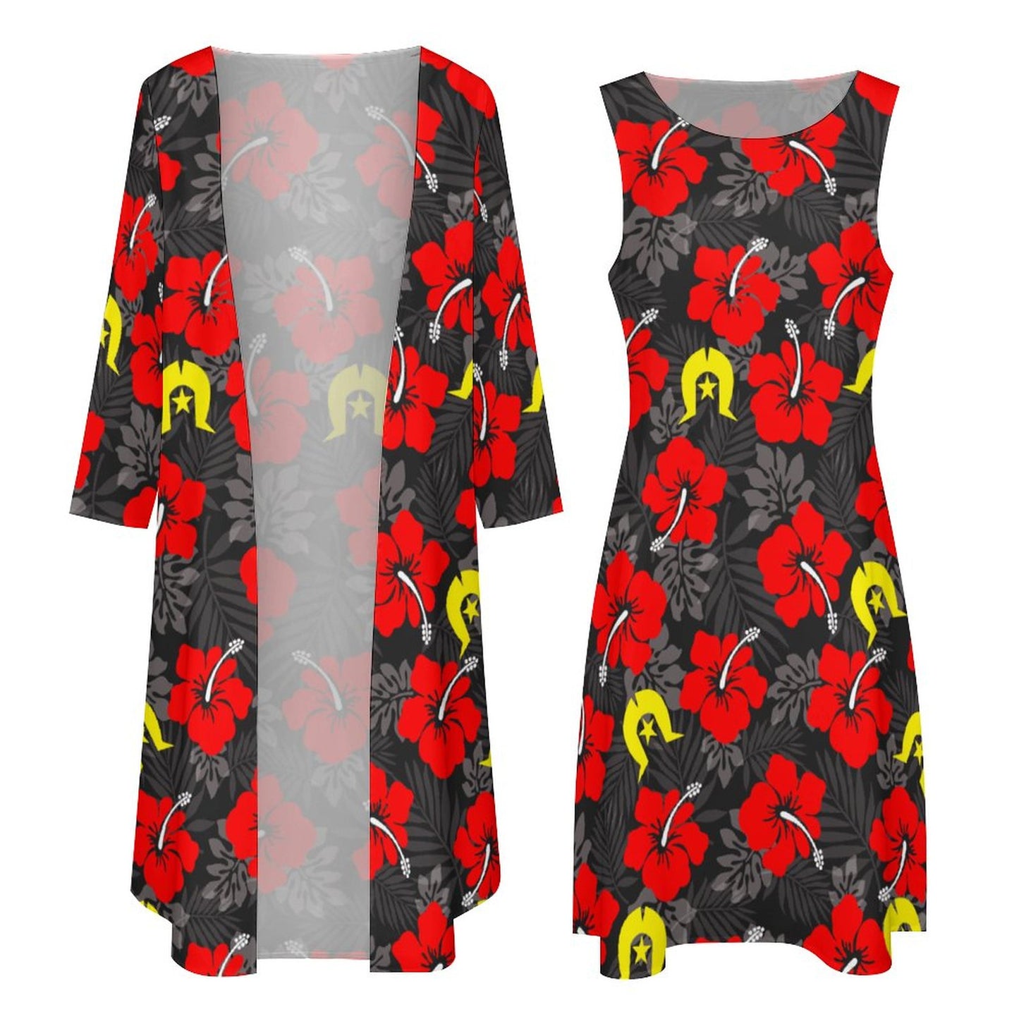 Royal Red Hibiscus with Yellow Dhari on Long Dress Set