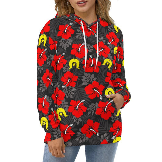Royal Red Hibiscus with Yellow Dhari on Lady Hoodie with Double-layer Cap
