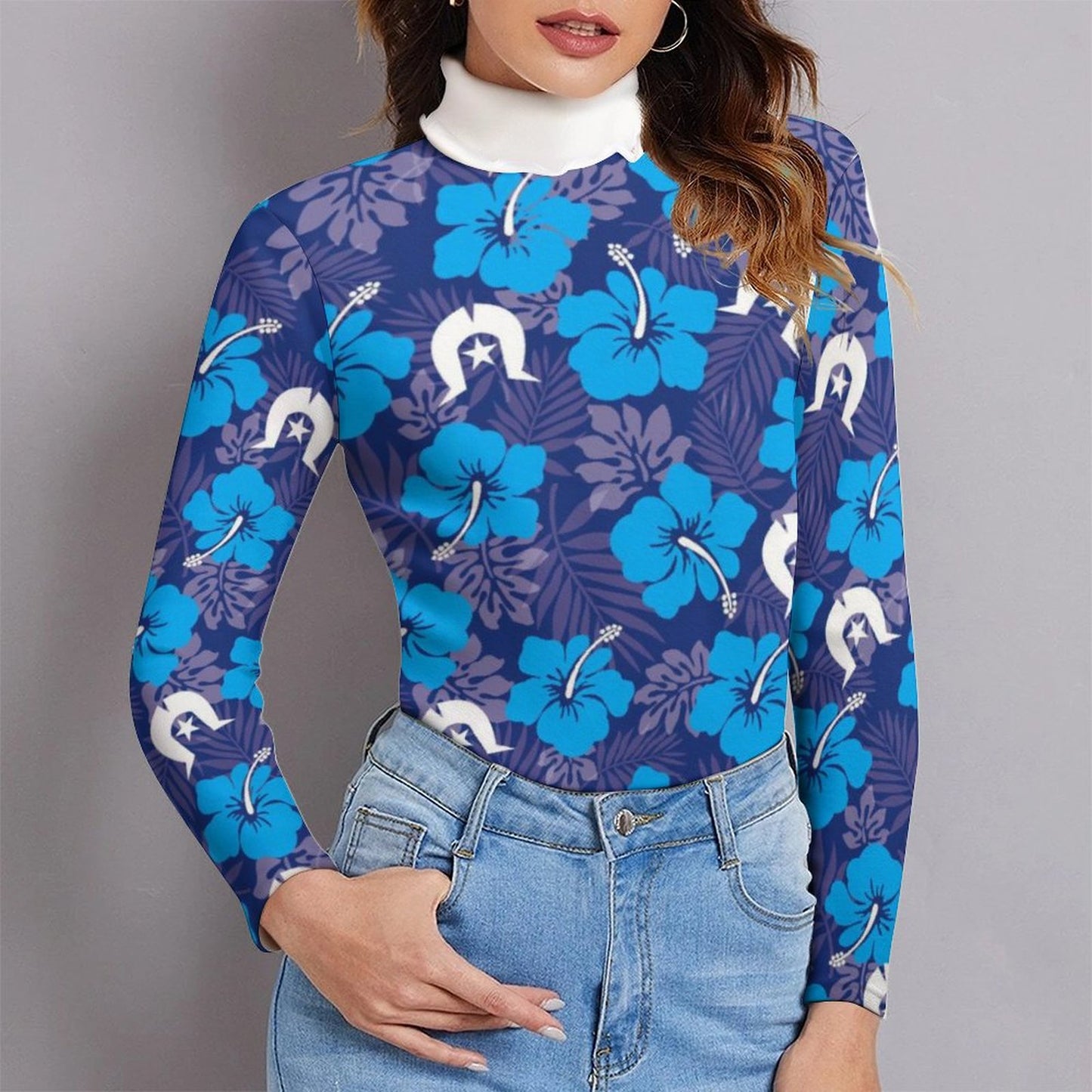 Hibiscus flowers with White Dhari (Royal blue) on Women Long Sleeve Turtleneck Sweater