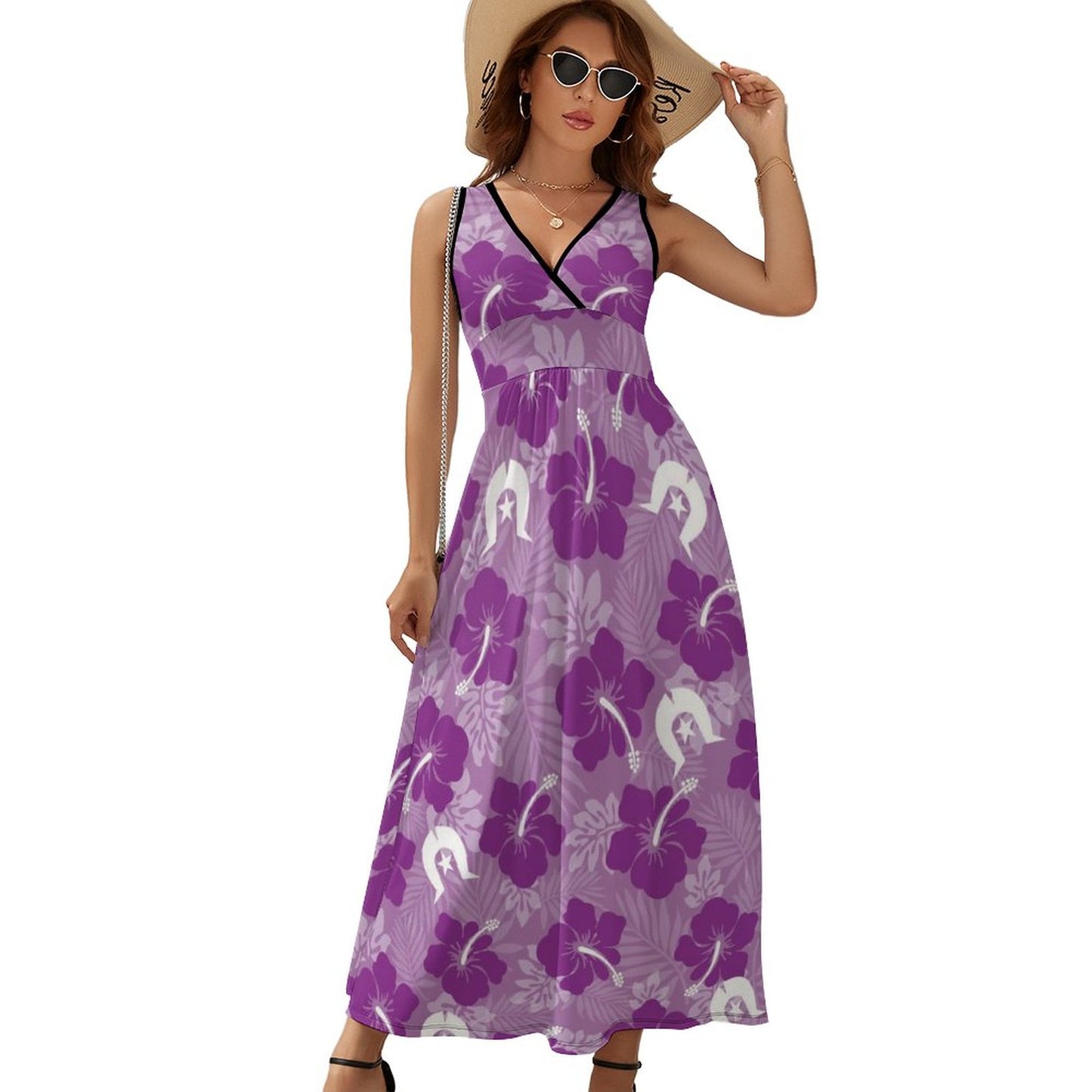 Hibiscus flowers with Dhari (Royal purple) on V Neck Sleeveless Dress