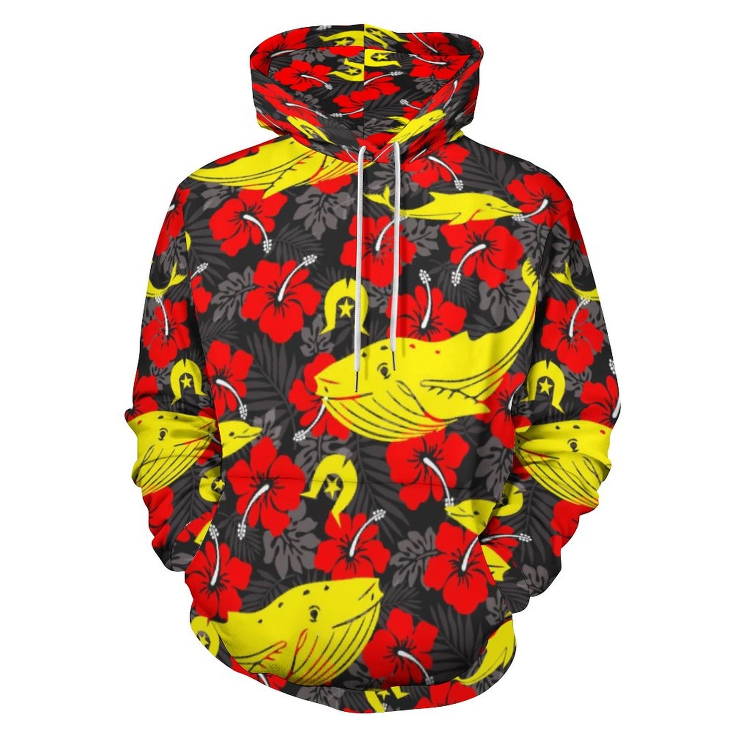 Royal Red Hibiscus with Yellow Dhari, Whale and Dolphin on Men's Cool Hoodie with Double-layer Cap