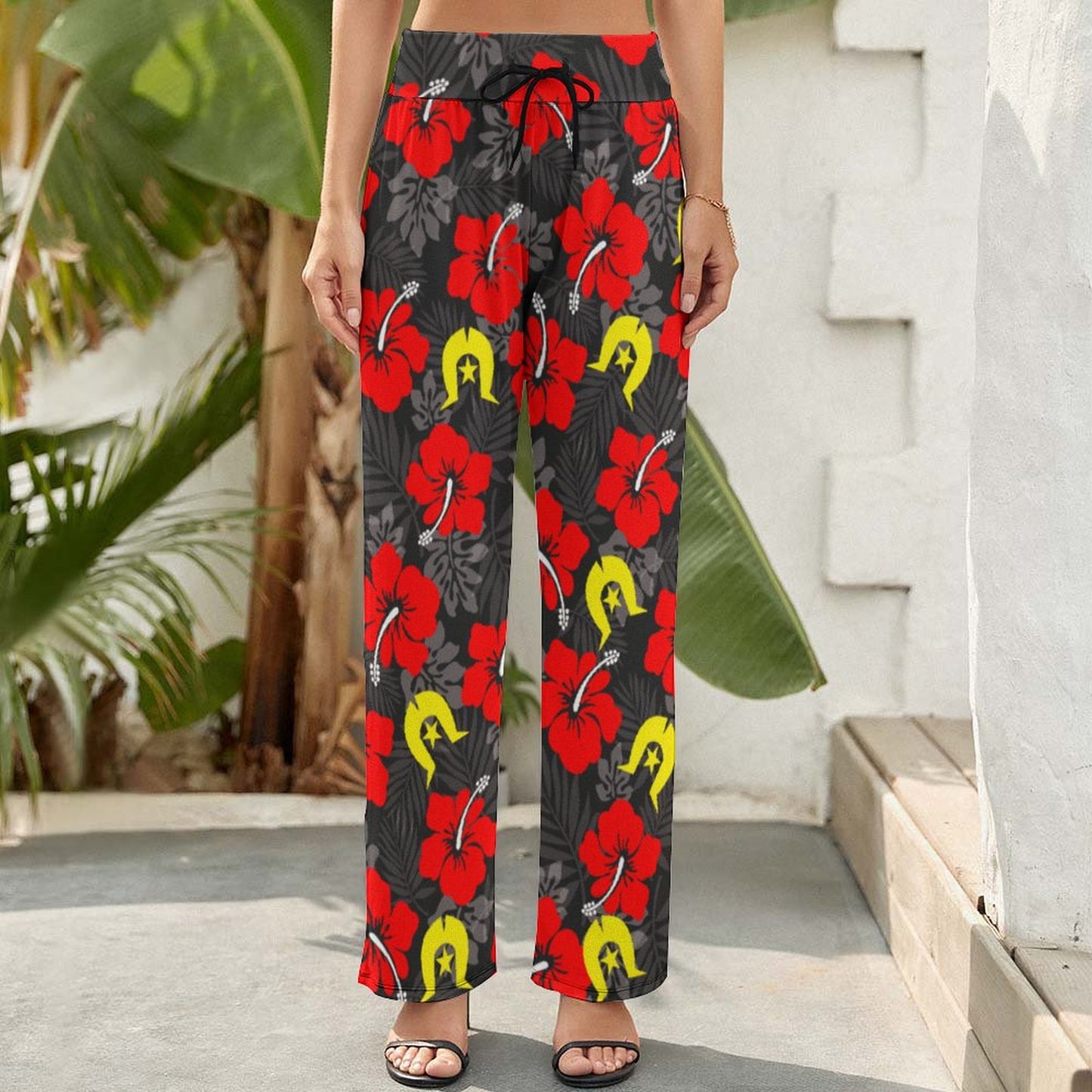 Royal Red Hibiscus with Yellow Dhari on Baggy Pants for Women