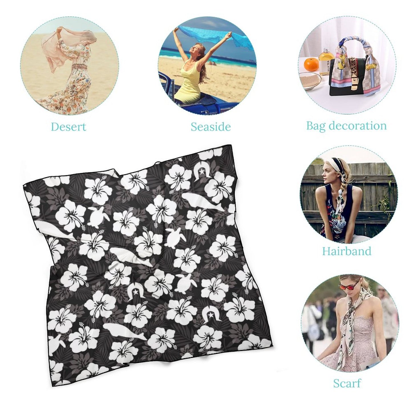 White Hibiscus flowers with Dugong, Turtle and Dhari (Black) on Women's Scarf