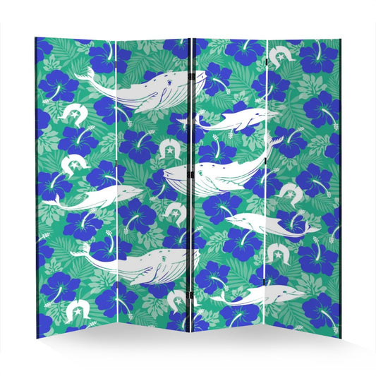 Royal Blue Hibiscus flowers with Whale, Dolphin and Dhari on Room Divider Folding Screen 4 Panel