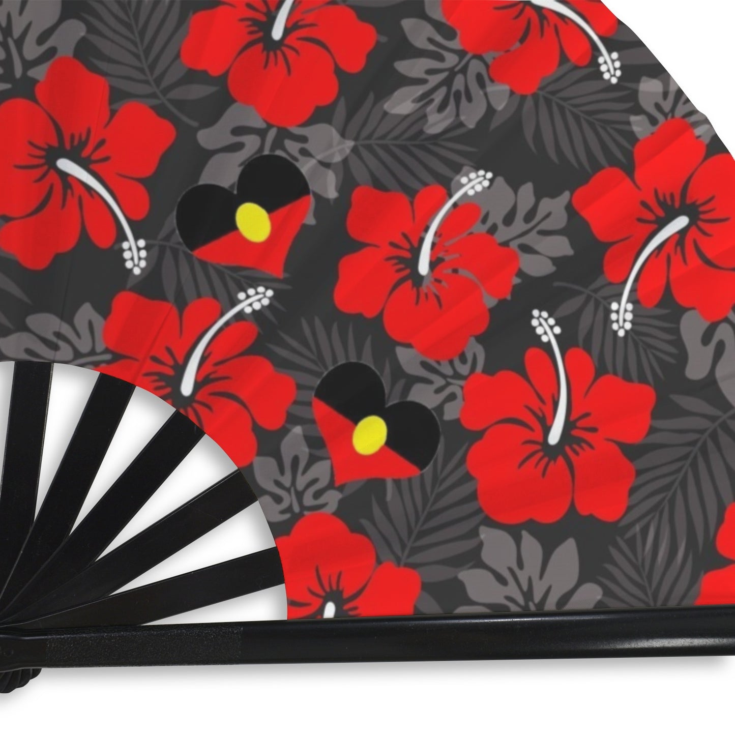 Royal Red Hibiscus and heart shaped Aboriginal flag on Folding Clack Fan