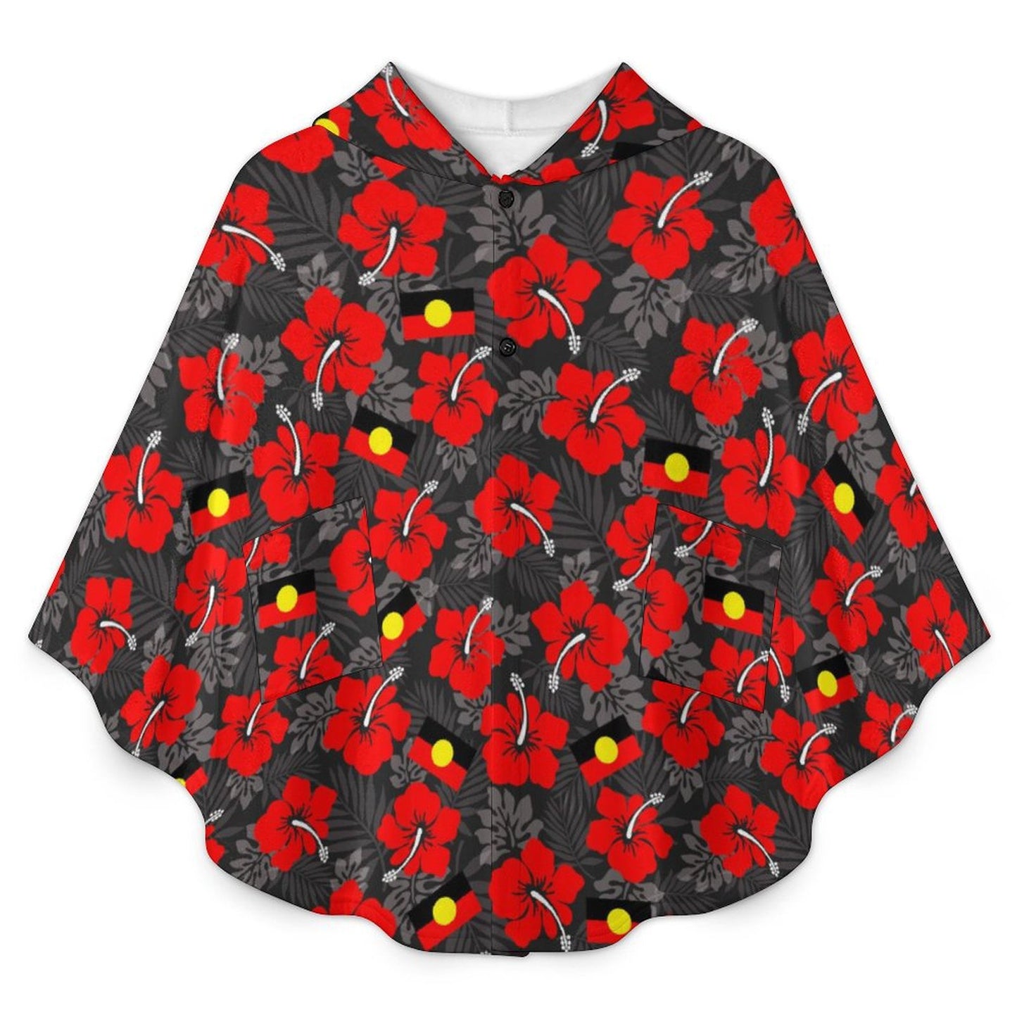 Royal Red Hibiscus and heart shaped Aboriginal flag on Fleece Hooded Cape for Adults
