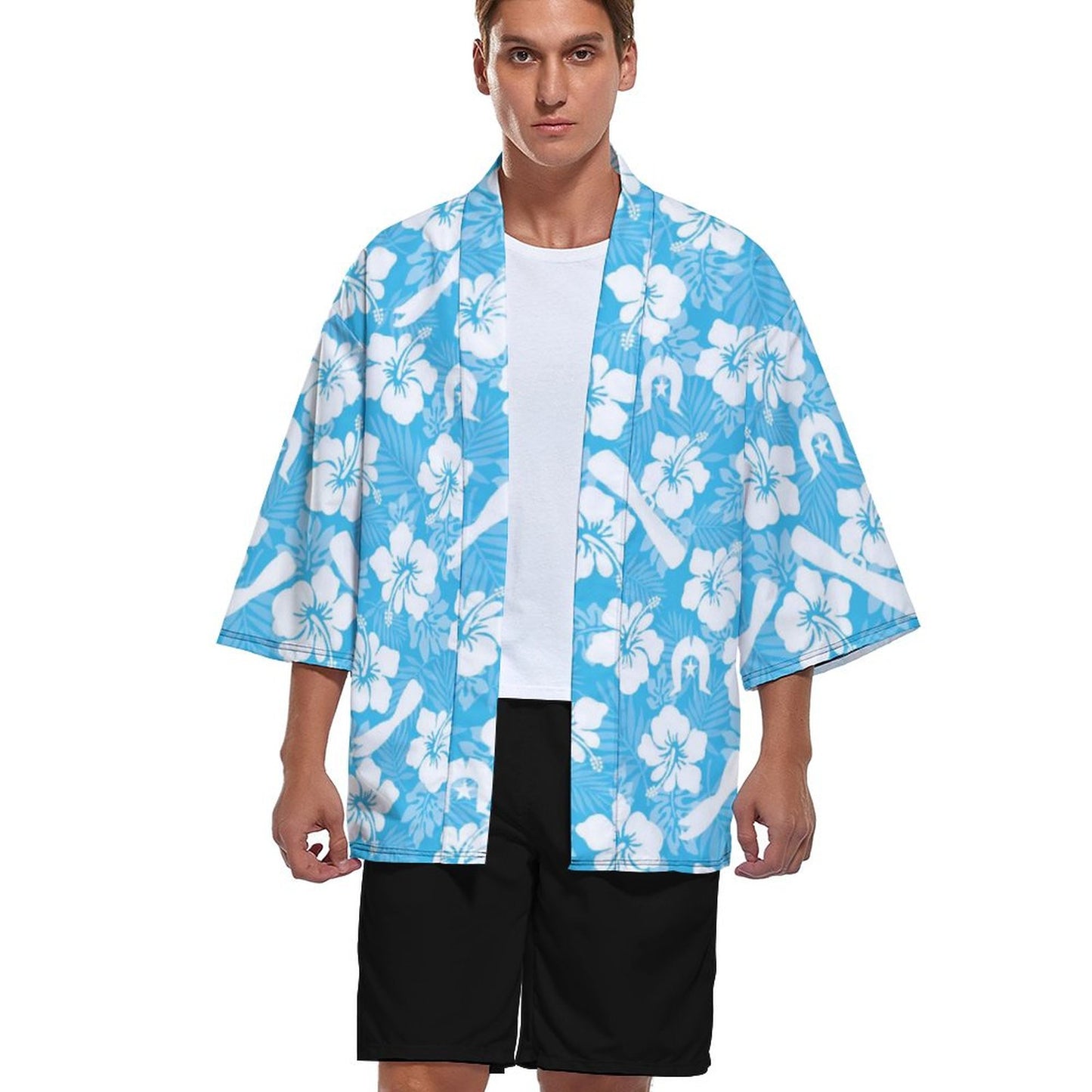 White Hibiscus flowers, Warup and Dhari on Drop Shoulder Male Kimono Cardigan