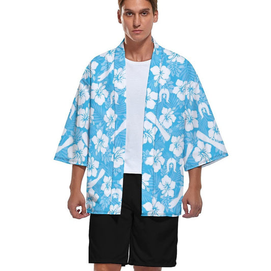White Hibiscus flowers, Warup and Dhari on Drop Shoulder Male Kimono Cardigan