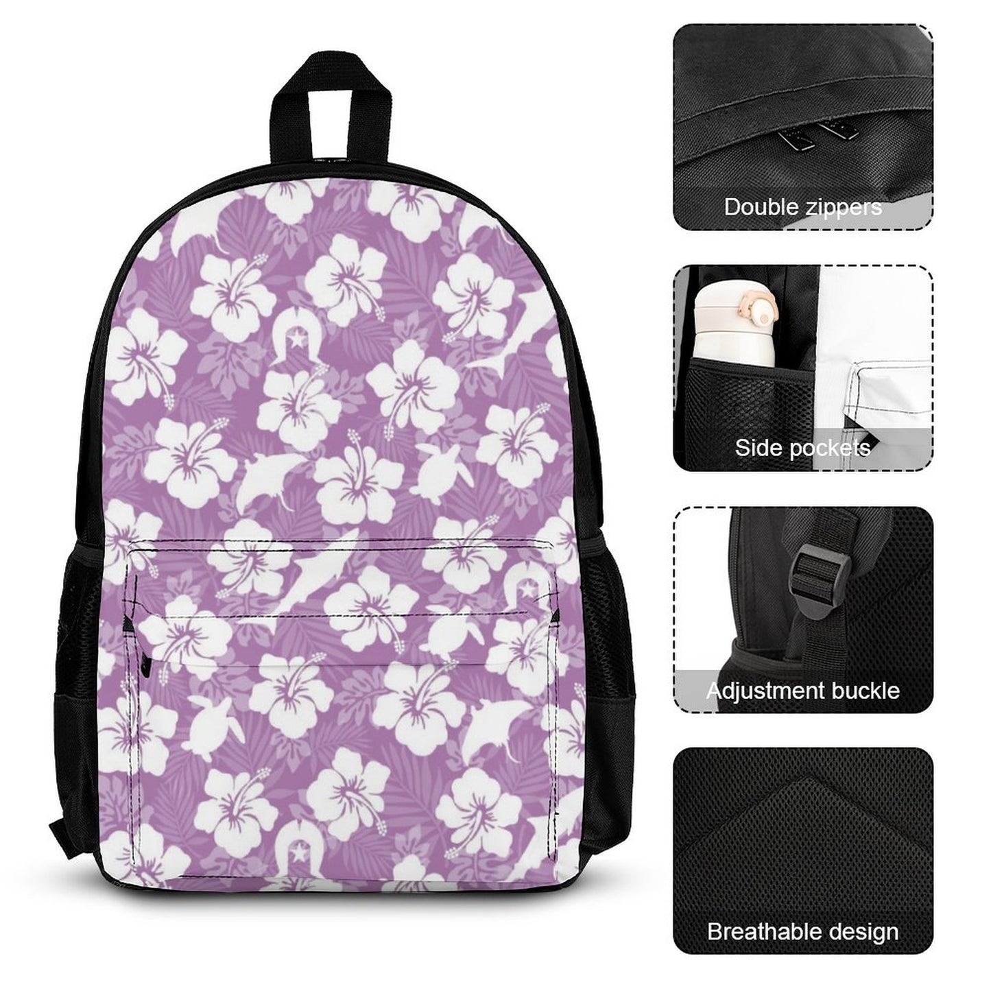 White hibiscus flowers with Dhari, Shark, turtle, and stingray (Purple) on Set of 3 Bags (Shoulder Bag Lunch Bag & Pencil Pouch)
