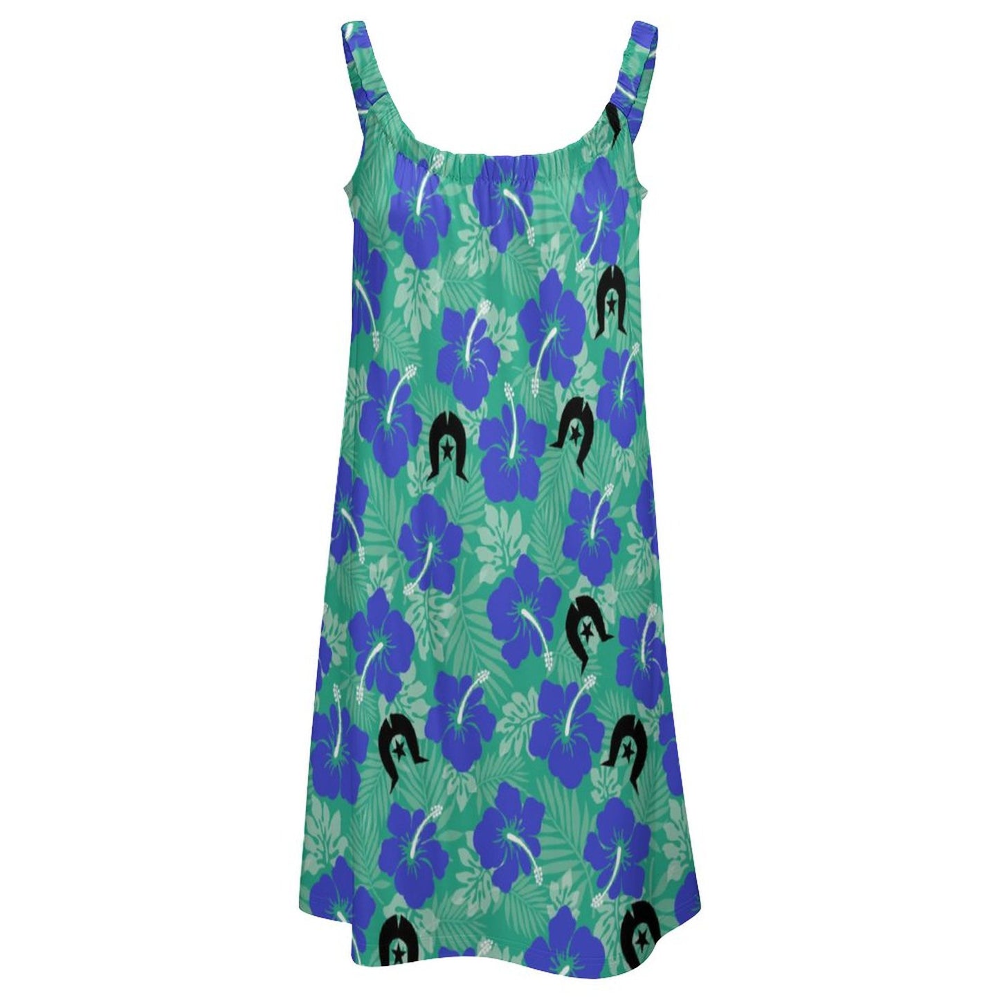 Royal Blue Hibiscus flowers with Black Dhari on Sleeveless Dress