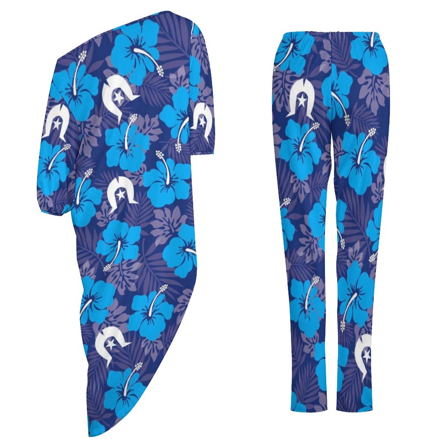Hibiscus flowers with Dhari (Royal blue) on Diagonal Shoulder Two Piece Set