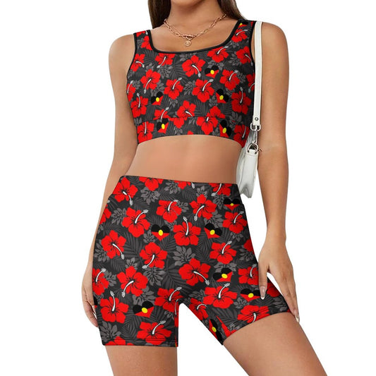 Royal Red Hibiscus and heart shaped Aboriginal flag on Yoga Workout Outfits