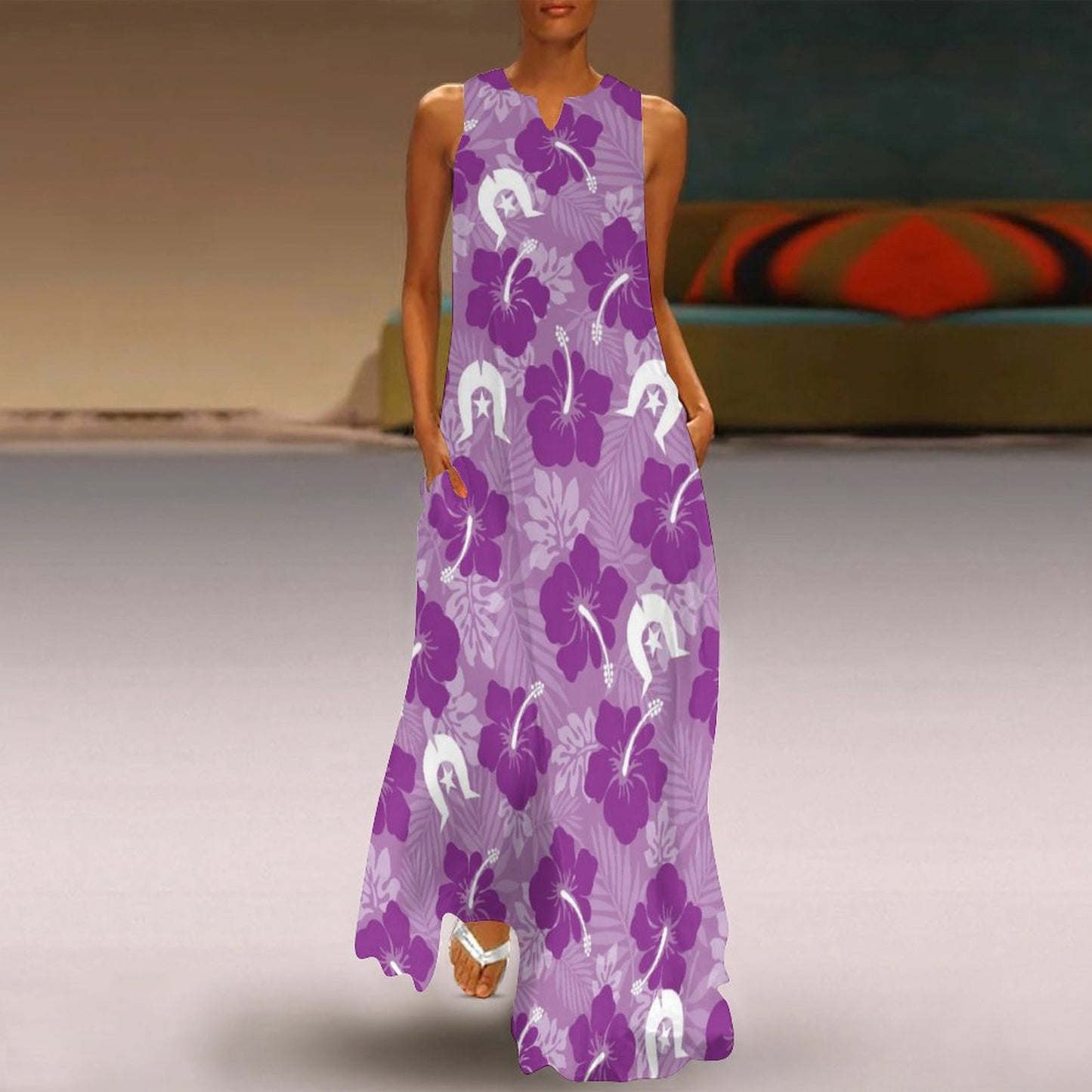 Hibiscus flowers with Dhari (Royal purple) on Sleeveless Ankle-length Dress