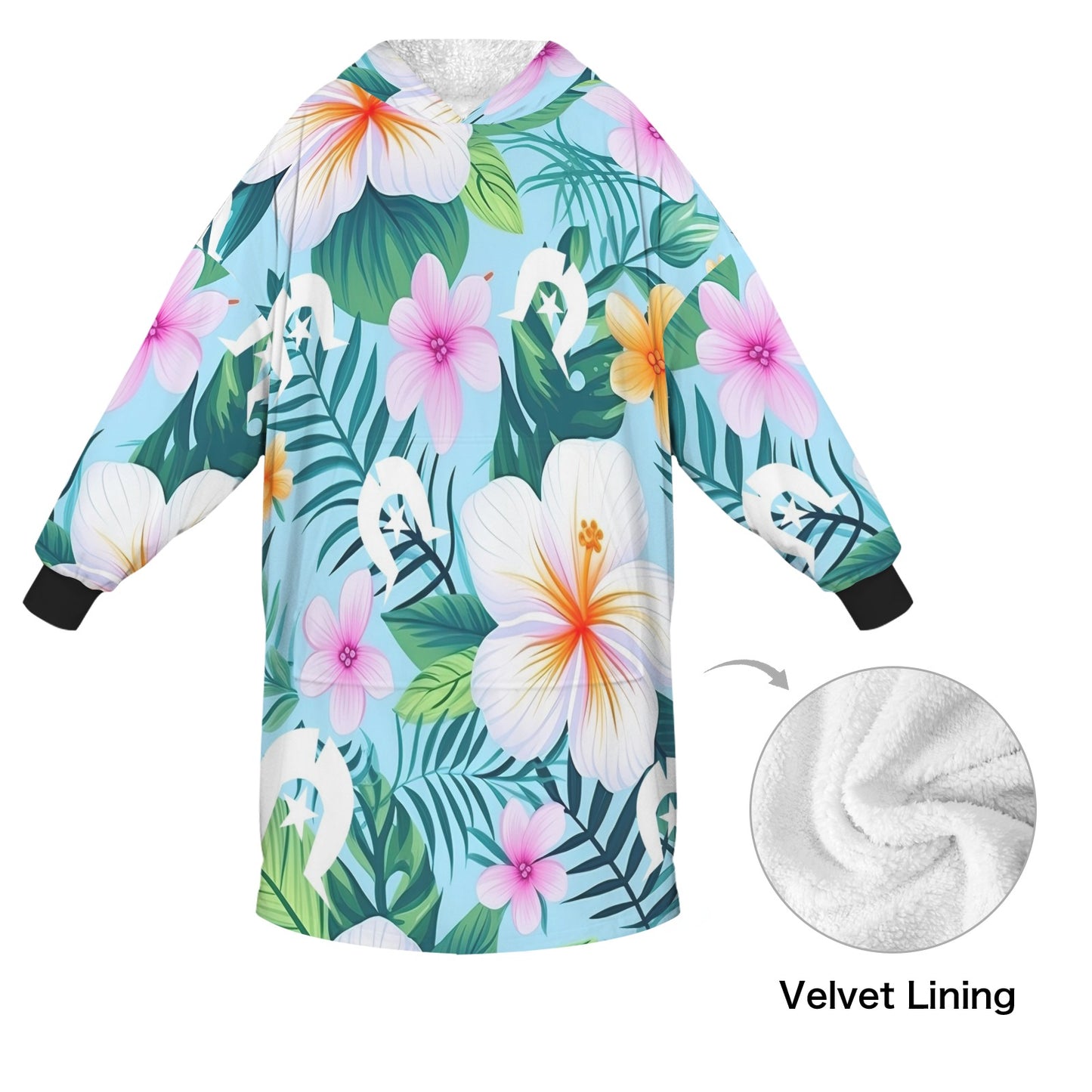 White Hibiscus flowers with White Dhari on Adult Unisex Blanket Hoodie