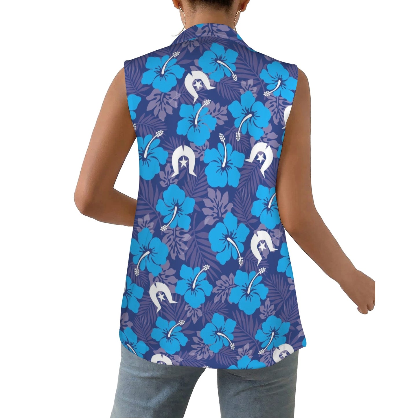 Hibiscus flowers with White Dhari (Royal blue) on Women Sleeveless Suit Vest