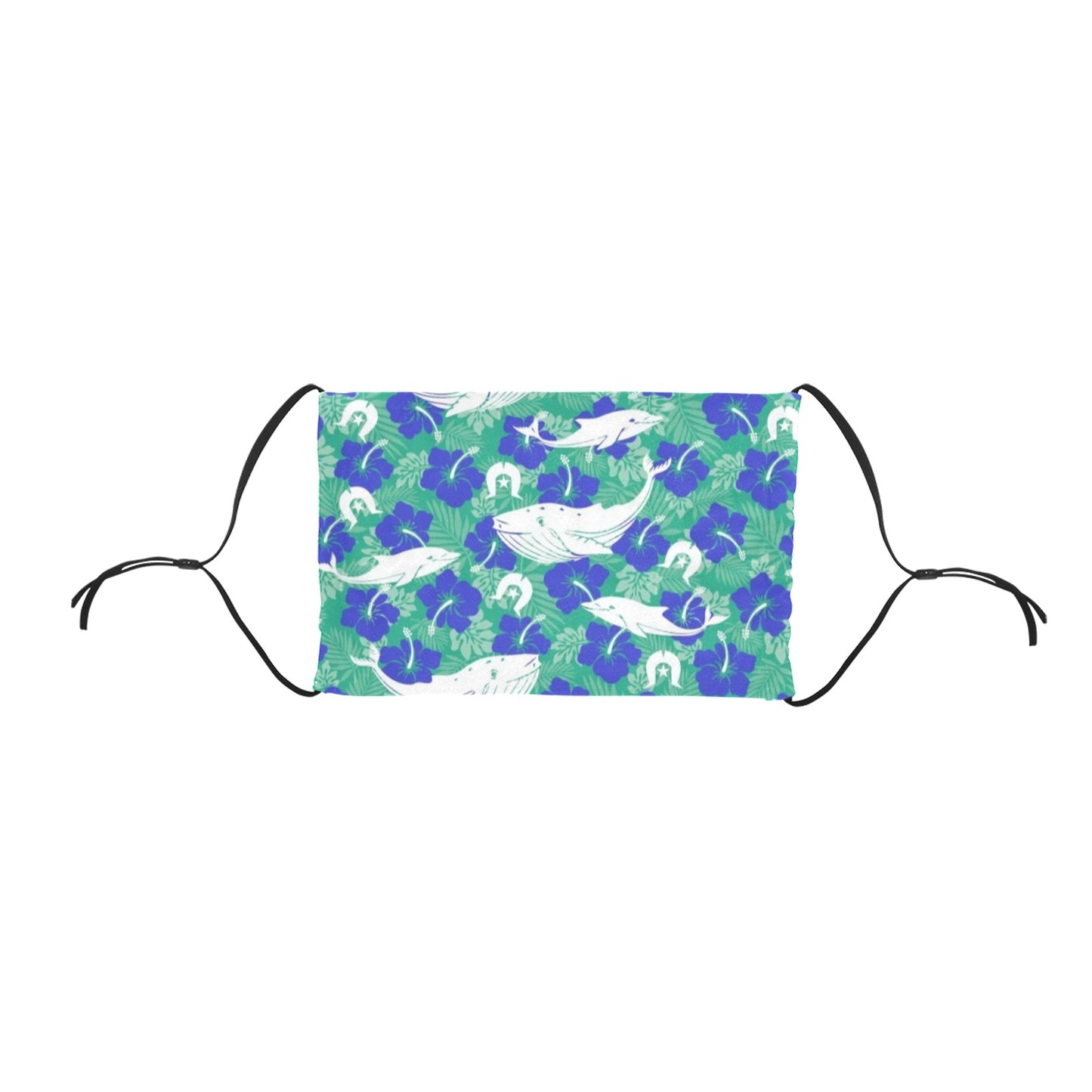 Royal Blue Hibiscus flowers with Whale, Dolphin and Dhari on Cotton Facemask Cover with Adjustable Strip (ModelM07)(Made In AUS)