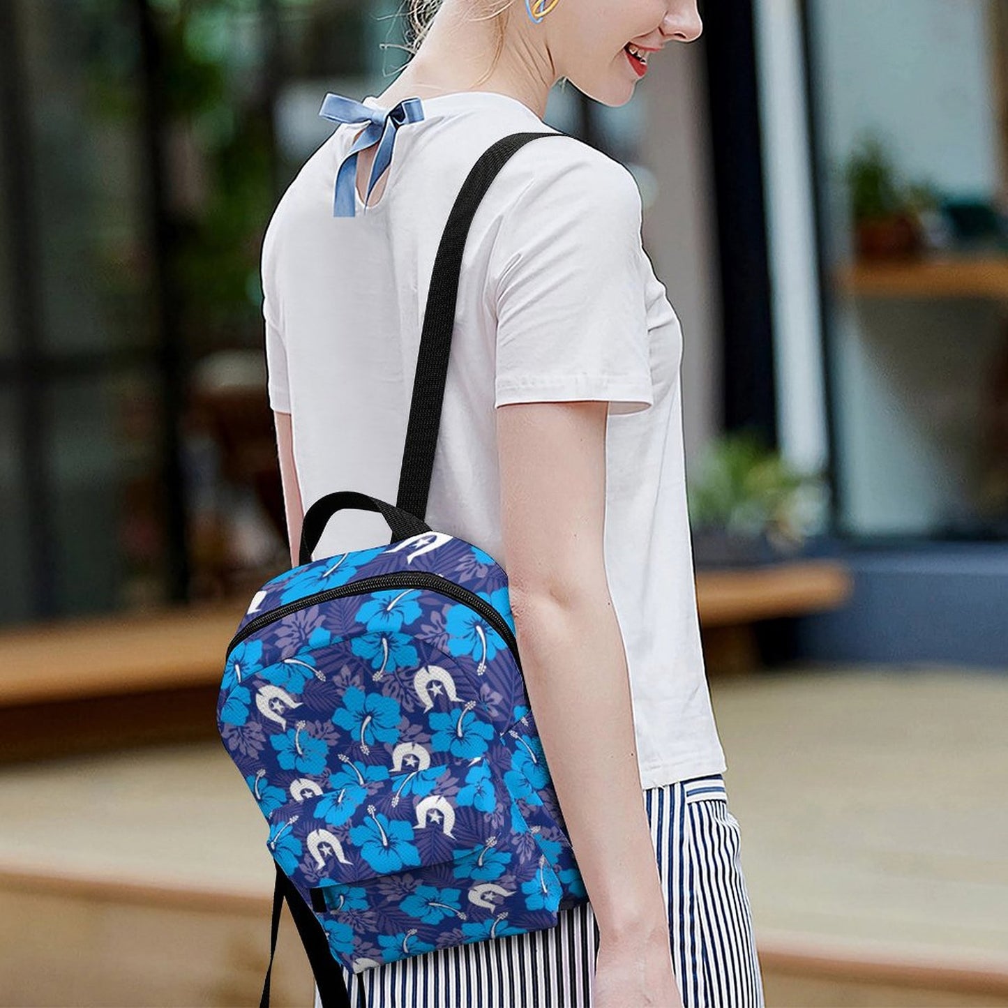 Hibiscus flowers with White Dhari (Royal blue) on Mini Backpack