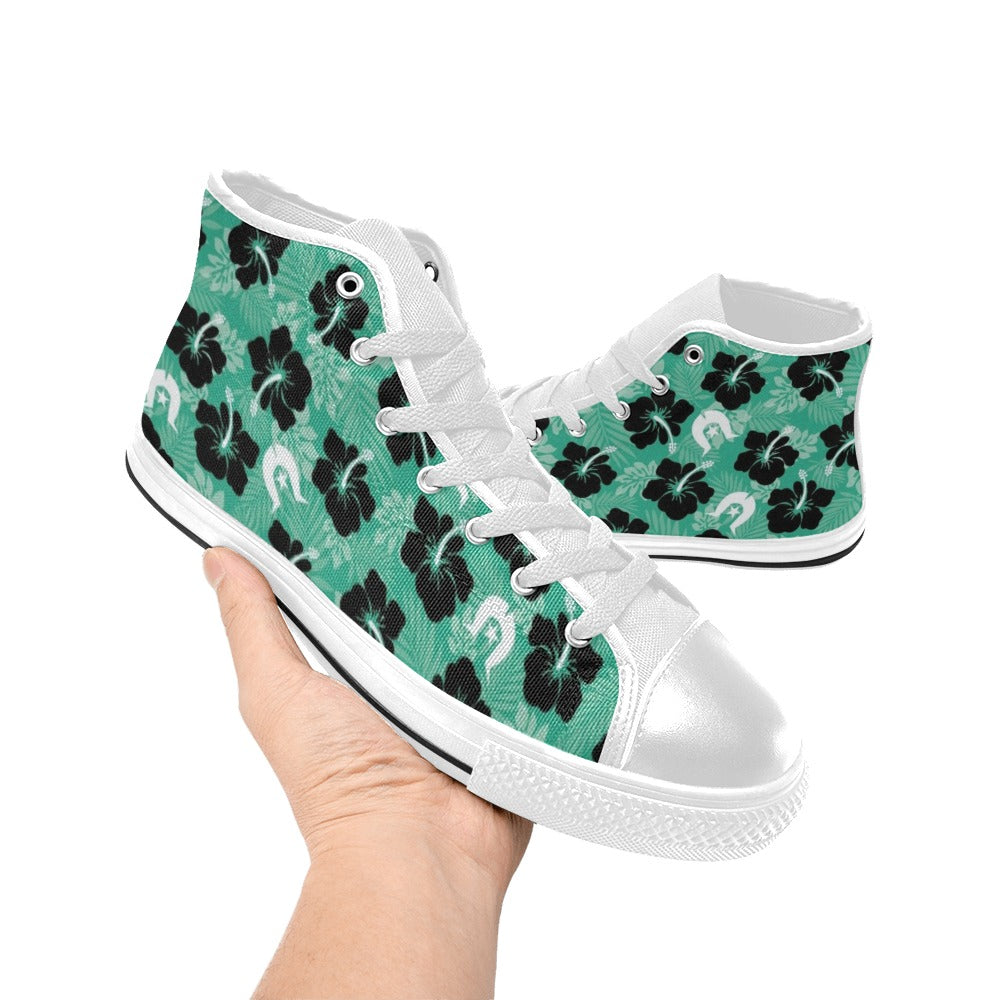 Black Hibiscus with White Dhari on Women's High Top Canvas Shoes