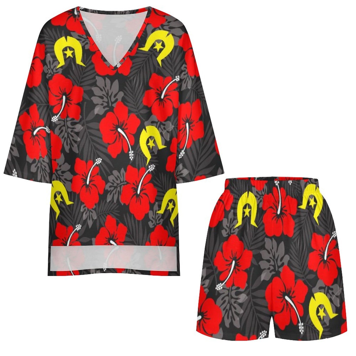 Royal Red Hibiscus with Yellow Dhari on Mediterranean Style V-Neck Suit