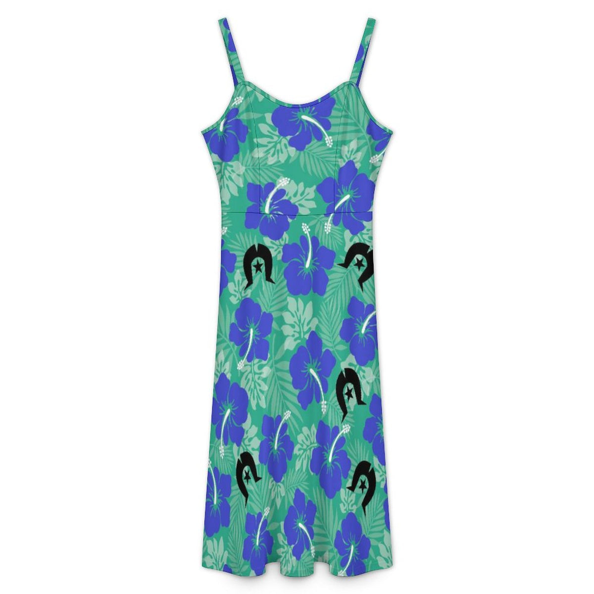 Royal Blue Hibiscus flowers with Black Dhari on Midi Spaghetti Strap Dress