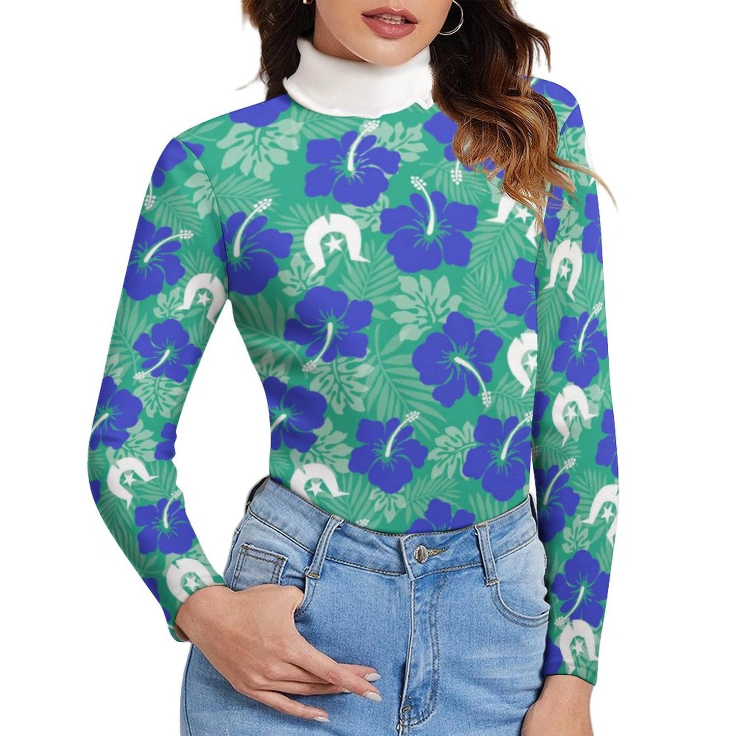Royal Blue Hibiscus flowers with Dhari on Women Long Sleeve Turtleneck Sweater