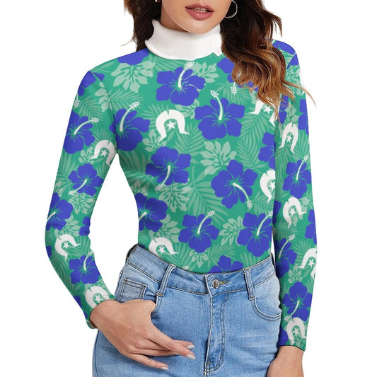 Royal Blue Hibiscus flowers with Dhari on Women Long Sleeve Turtleneck Sweater