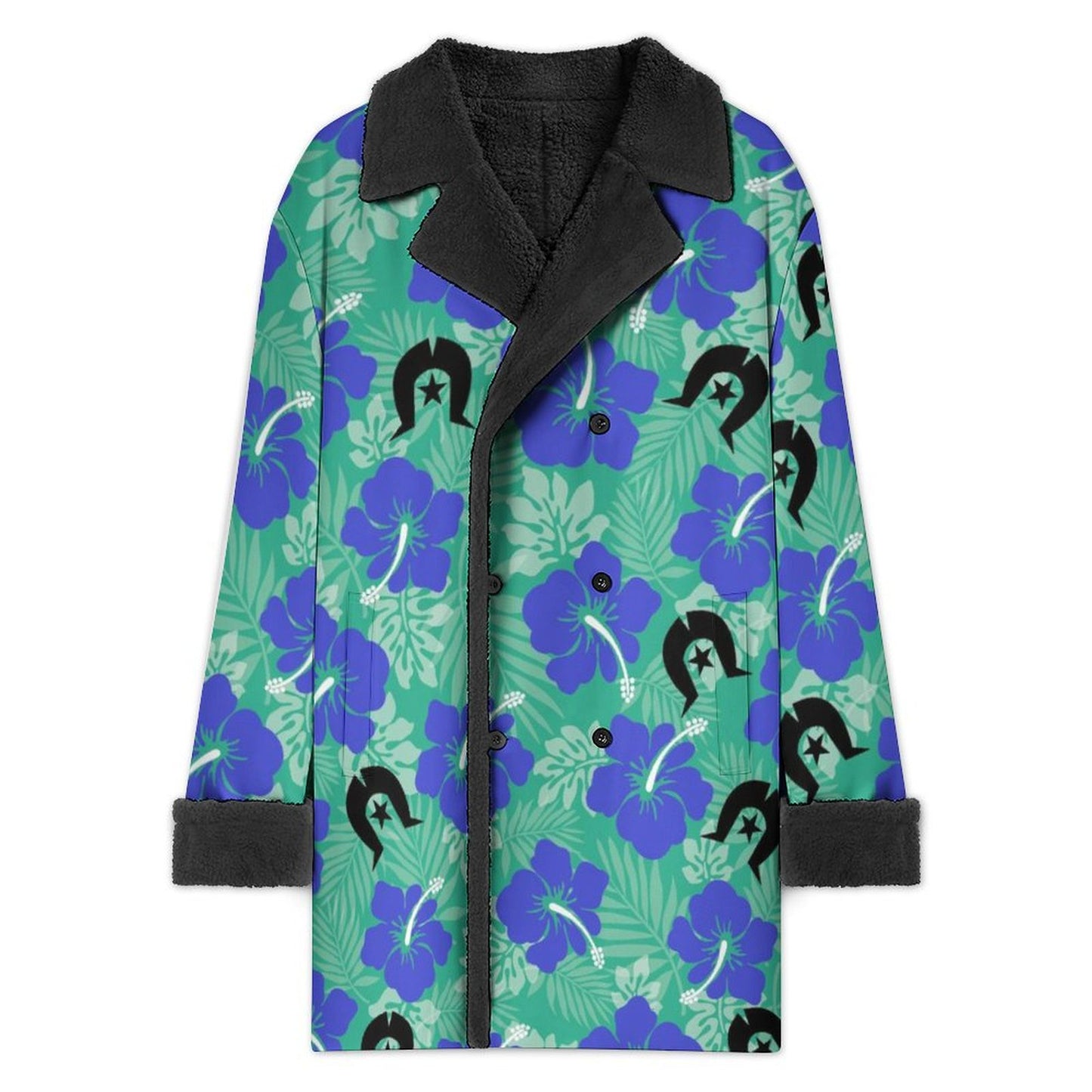 Royal Blue Hibiscus flowers with Black Dhari on Men's Double Breasted Coat