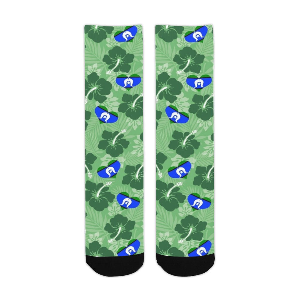 Hibiscus flowers with Torres Strait Heart Flag on (Sea Grass Green) on Crew Socks (Made In AUS)