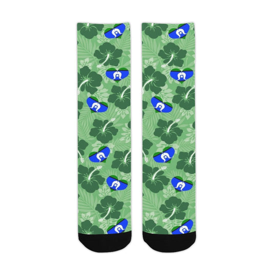 Hibiscus flowers with Torres Strait Heart Flag on (Sea Grass Green) on Crew Socks (Made In AUS)