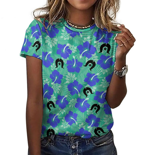Royal Blue Hibiscus flowers with Black Dhari on Cotton Summer Short Sleeve T-Shirts for Women