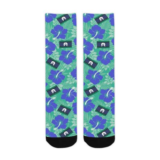 Hibiscus flowers with Torres Strait Flag on Crew Socks (Made In AUS)