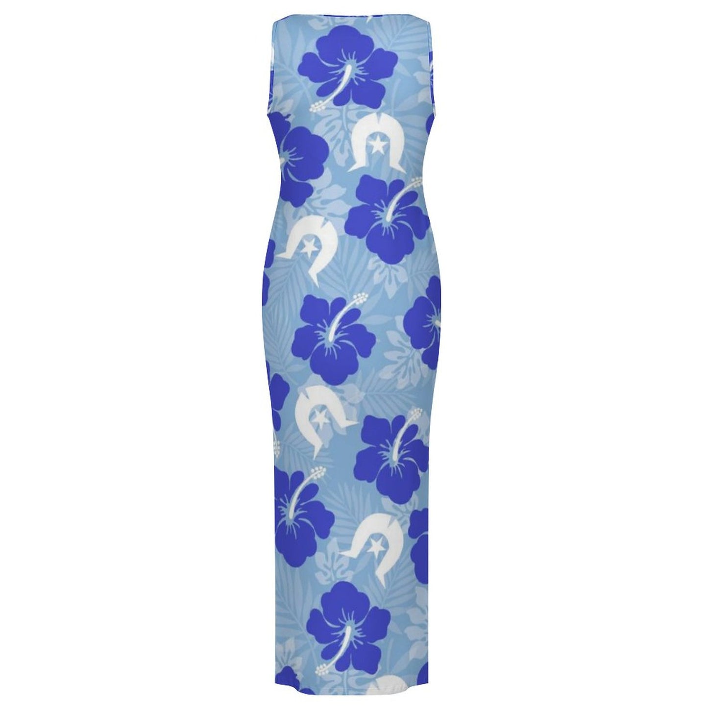 Hibiscus flowers with White Dhari (Sky blue) on 180gsm Slit Fitted Camisole Cheongsam