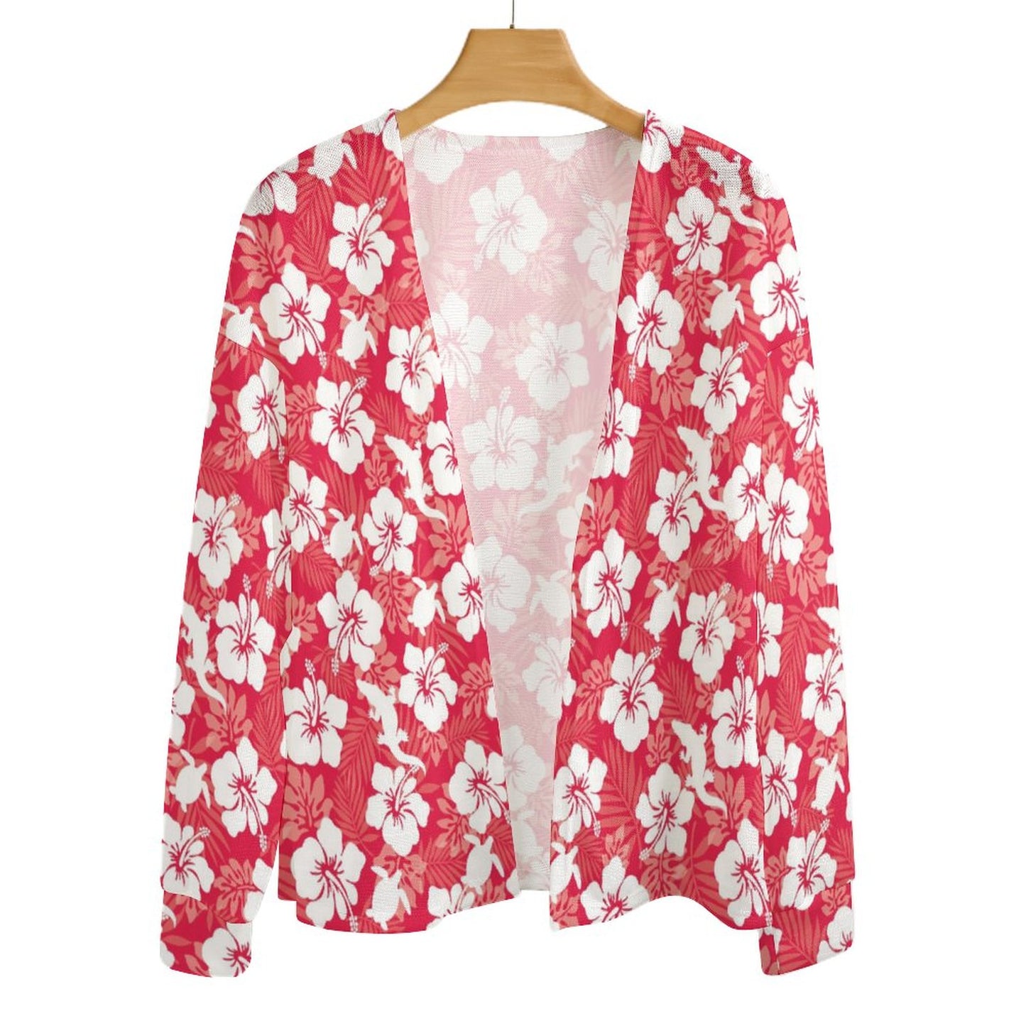 White Hibiscus flowers with Crocodile and Turtle on Long Sleeve Drop Shoulder Open Shirt