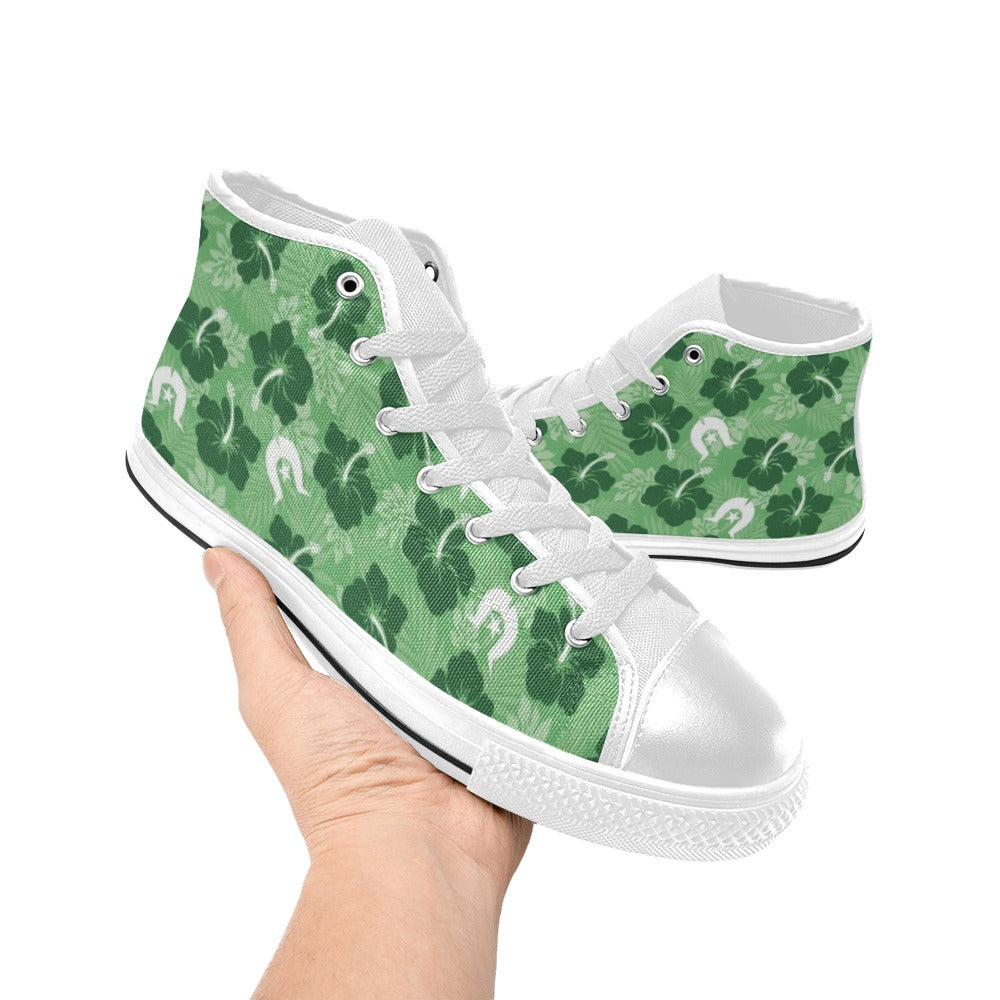 Hibiscus flowers with White Dhari (Sea Grass Green) on Women's High Top Canvas Shoes
