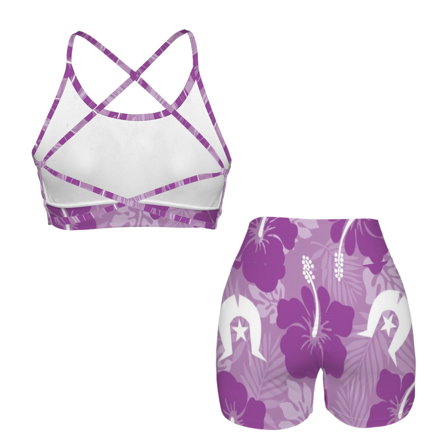 Hibiscus flowers with Dhari (Royal purple) on Cross Back String Sports Bra & High Waist Shorts Active Sets