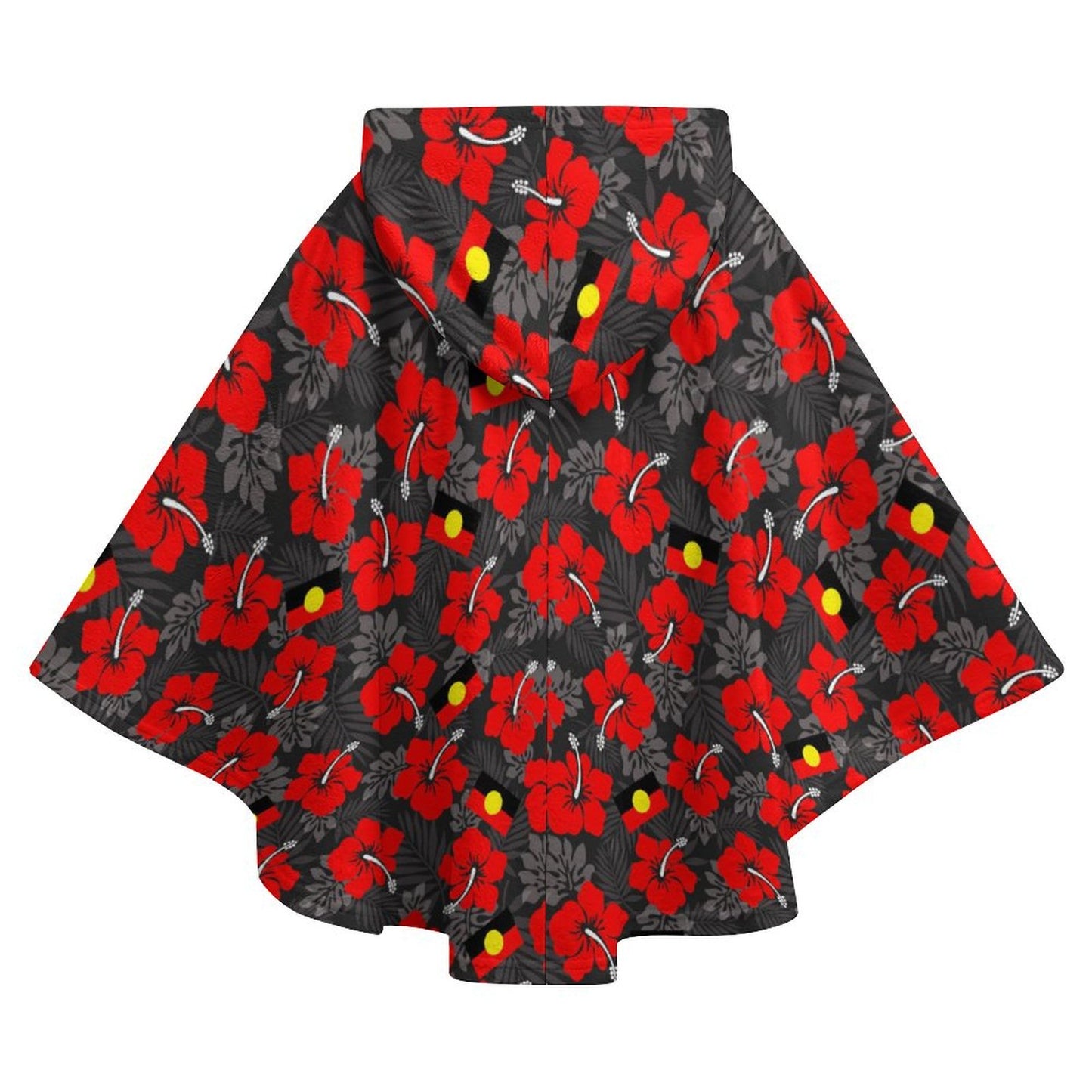 Royal Red Hibiscus and heart shaped Aboriginal flag on Fleece Hooded Cape for Adults