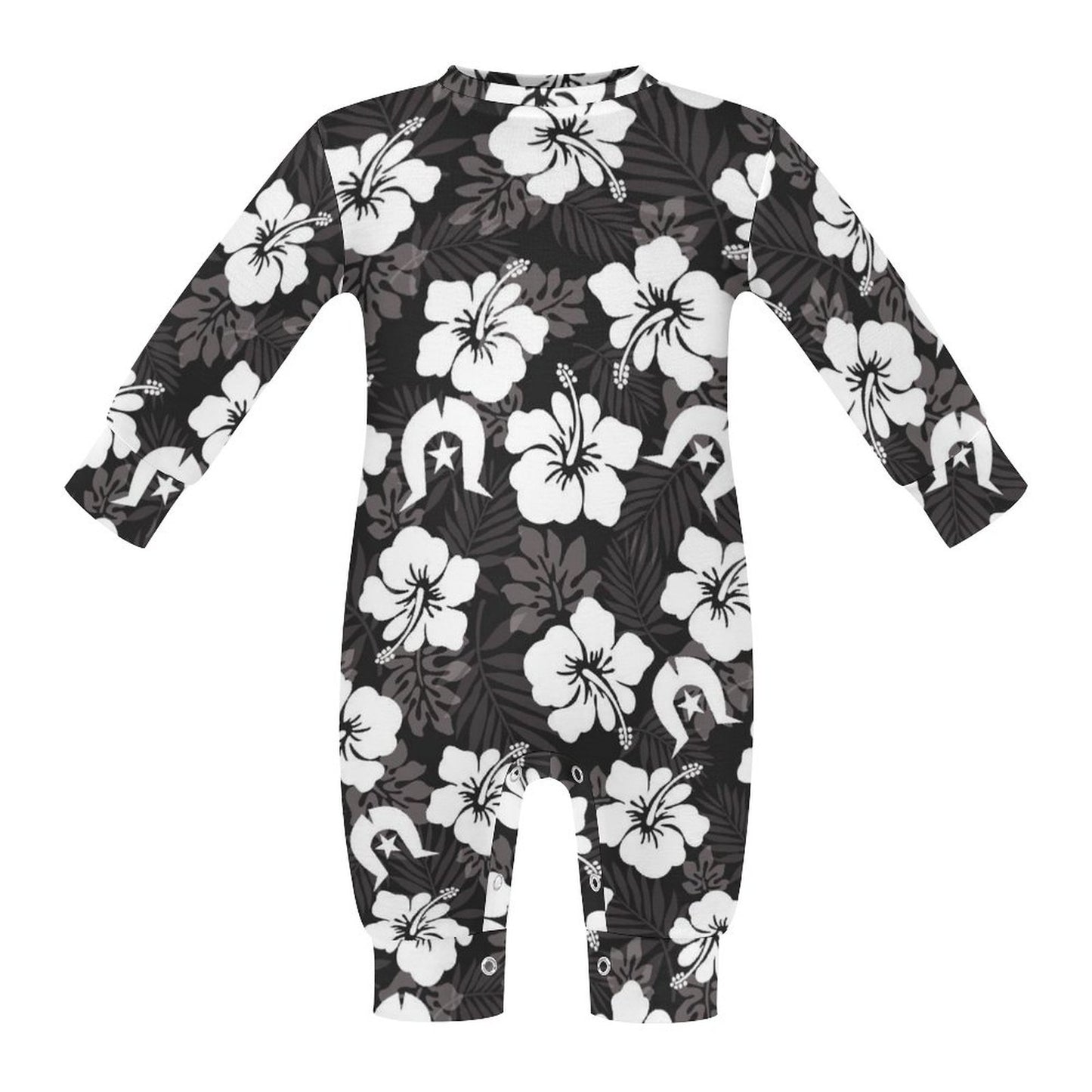 White Hibiscus and Dhari (Black) on Baby Romper